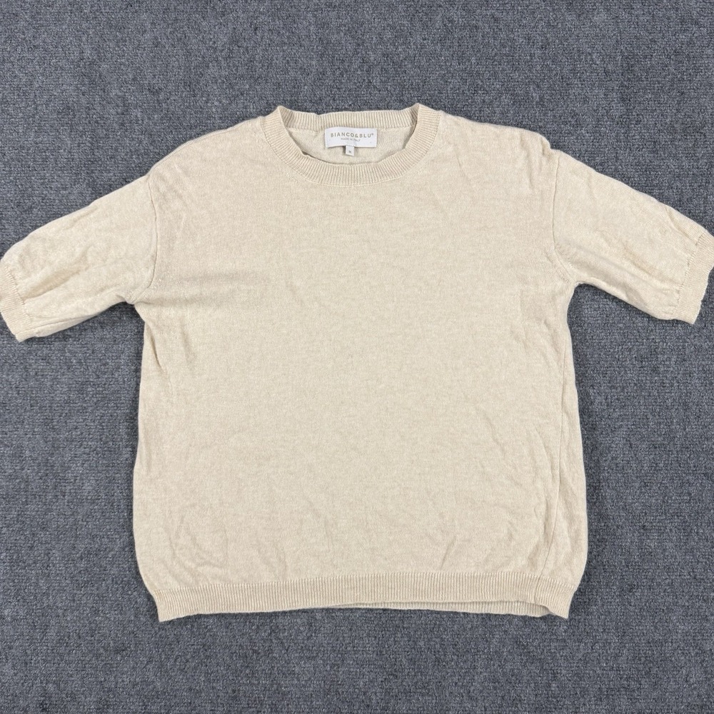 Bianco & Blu Sweater Womens Medium Beige Tan Silk Cashmere Wool Short Sleeve